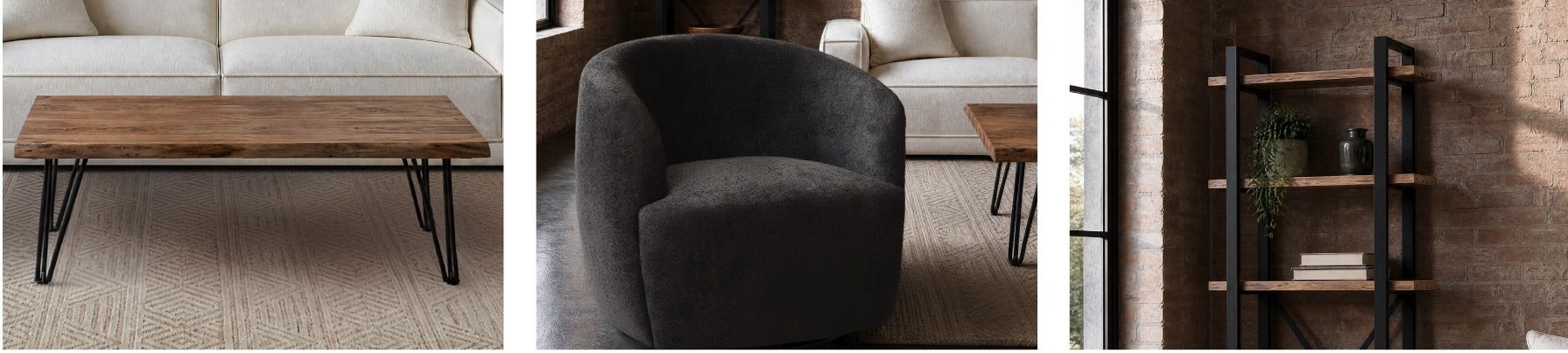 RENO solid acacia wood coffee table 120 cm, JANELLE swivel armchair and RENO 5-tier bookcase