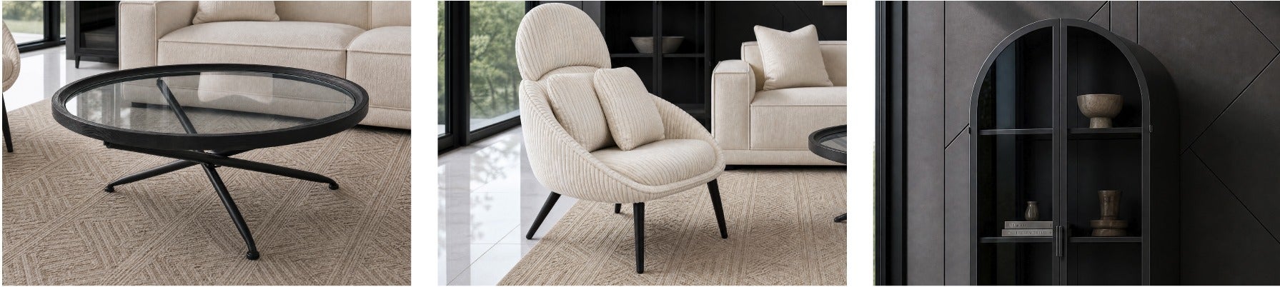 KAY fir wood coffee table, HERMAN accent chair and ZELDA iron cabinet 82 cm