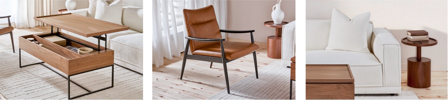 MATTEO coffee table with storage 120 cm, LATONIA 100% leather accent chair, Marcus end table