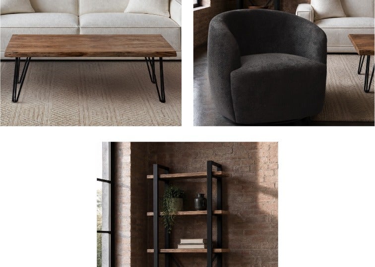 RENO solid acacia wood coffee table 120 cm, JANELLE swivel armchair and RENO 5-tier bookcase