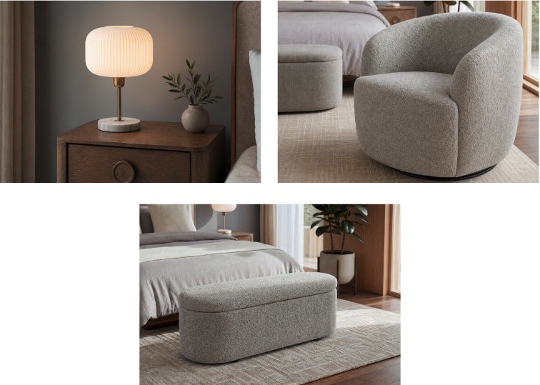 ILLIANA table lamp, JANELLE swivel armchair, FLORENCE ottoman with storage
