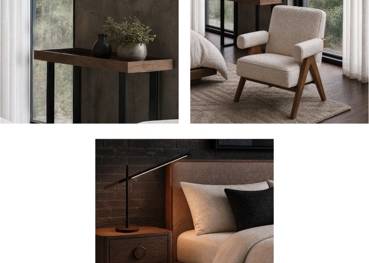 BOKARO console table, HAZEL accent chair, LUMO led table lamp