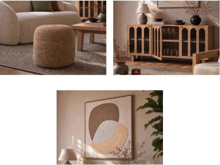 REILLY pouf en jute tressé, Priya buffet 3 portes, Ludlow tableau encadré 103 x 103cm